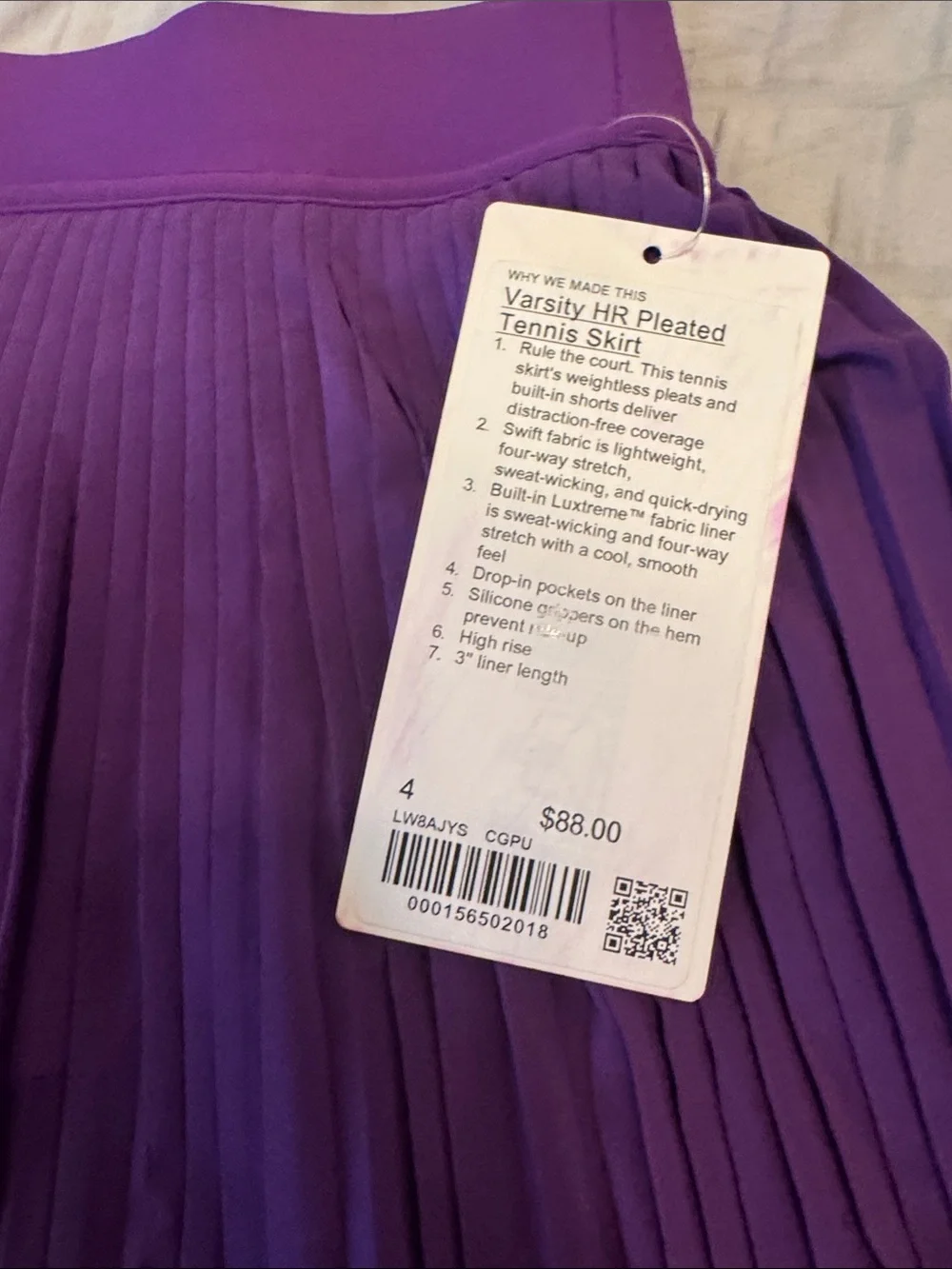 NWT Lululemon Varsity Pleated High-Rise Tennis Skirt 14” (College Purple) Size 4